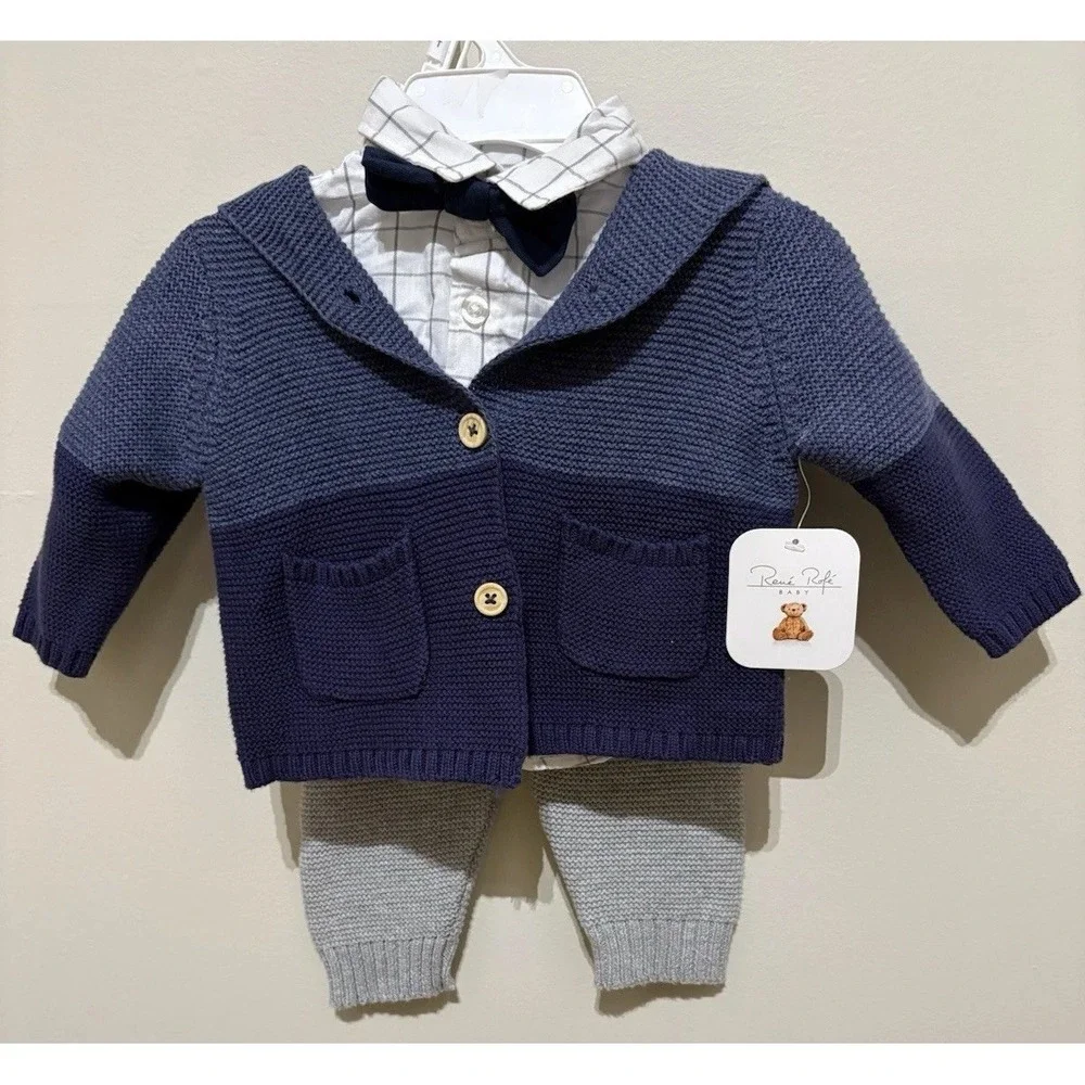 Infant Boy Rene Rofe Baby 3 Piece Set Size 0-3 Months. Cardigan W Little Lad NWT